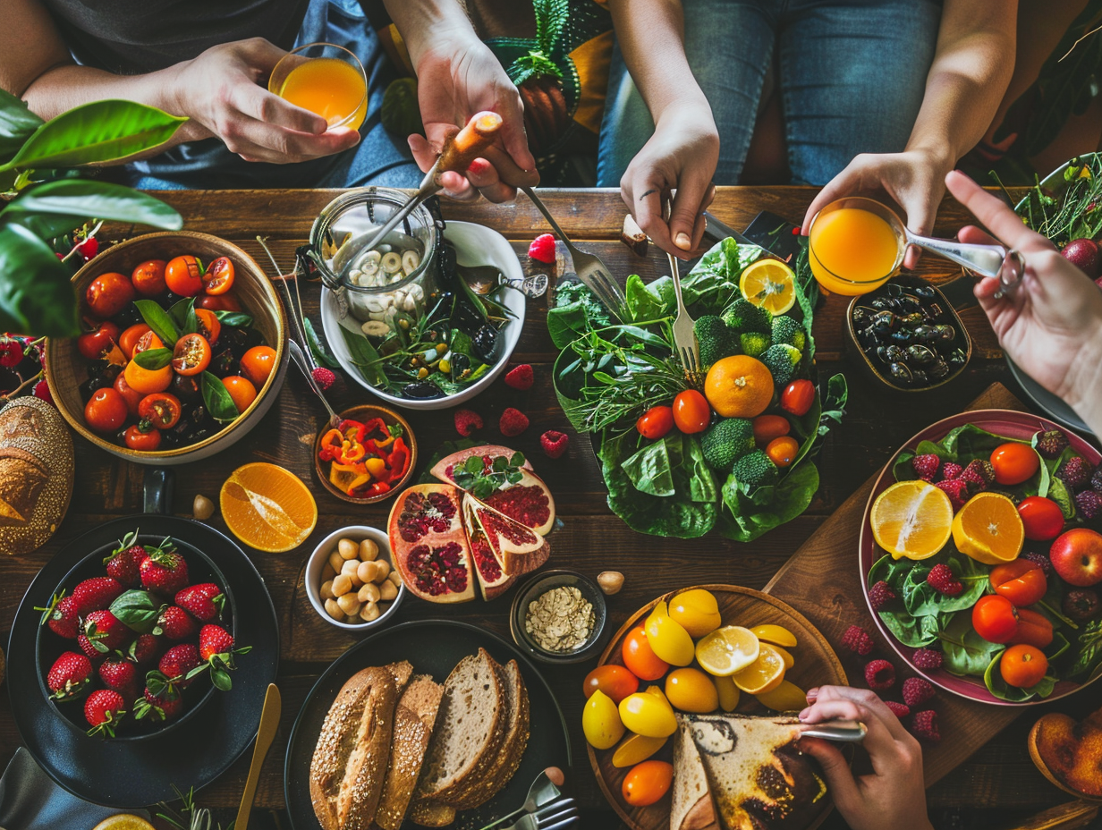 Різноманітне здорове харчування з овочами та фруктами